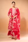 Shop_Anushree Reddy_Red Cotton, Chiffon Embroidery Split V-neck Aari Kurta Set _Online_at_Aza_Fashions