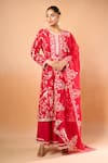 Buy_Anushree Reddy_Red Cotton, Chiffon Embroidery Split V-neck Aari Kurta Set 