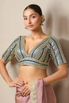 Buy_Samyukta Singhania_Blue Silk Embroidery V-neck Geometric Blouse _at_Aza_Fashions