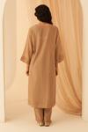 Shop_Janki India_Beige Chanderi, Organza Embroidery Split V-neck Thread Kurta Set _at_Aza_Fashions