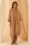 Buy_Janki India_Beige Chanderi, Organza Embroidery Split V-neck Thread Kurta Set _at_Aza_Fashions