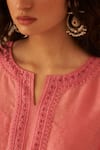 Janki India_Pink Chanderi, Cotton, Organza Zari Split V-neck Embroidered Kurta Set _Online_at_Aza_Fashions
