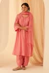 Buy_Janki India_Pink Chanderi, Cotton, Organza Zari Split V-neck Embroidered Kurta Set _Online_at_Aza_Fashions