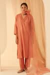 Buy_Janki India_Peach Chanderi, Organza Embroidery V-neck Floral Kurta Set _at_Aza_Fashions