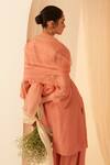 Janki India_Peach Chanderi, Organza Embroidery Split V-neck Floral Kurta Set _Online_at_Aza_Fashions