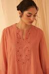 Shop_Janki India_Peach Chanderi, Organza Embroidery Split V-neck Floral Kurta Set _Online_at_Aza_Fashions