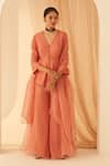 Buy_Janki India_Peach Chanderi, Organza Embroidery V-neck Peplum Set _at_Aza_Fashions
