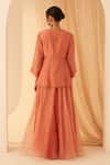 Shop_Janki India_Peach Chanderi, Organza Embroidery V-neck Peplum Set _at_Aza_Fashions