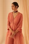 Janki India_Peach Chanderi, Organza Embroidery V-neck Peplum Set _Online_at_Aza_Fashions