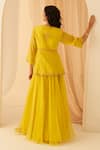 Shop_JANKI INDIA_Yellow Chanderi, Organza Embroidery V-neck Thread Peplum Set _at_Aza_Fashions