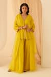 Buy_JANKI INDIA_Yellow Chanderi, Organza Embroidery V-neck Thread Peplum Set _at_Aza_Fashions