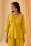 Buy_JANKI INDIA_Yellow Chanderi, Organza Embroidery V-neck Thread Peplum Set _Online_at_Aza_Fashions