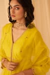 Shop_JANKI INDIA_Yellow Chanderi, Organza Embroidery V-neck Thread Peplum Set _Online_at_Aza_Fashions