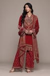 Ritu Kumar_Red Cotton, Chiffon Embroidery V-neck Adrika Kurta Set _Online_at_Aza_Fashions