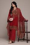 Buy_Ritu Kumar_Red Cotton, Chiffon Embroidery V-neck Adrika Kurta Set _at_Aza_Fashions