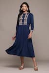 Buy_Ritu Kumar_Blue Rayon Embroidery Round Neck Essential-vasudha Long Dress _Online_at_Aza_Fashions