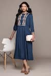 Buy_Ritu Kumar_Blue Rayon Embroidery Round Neck Essential-vasudha Long Dress _at_Aza_Fashions