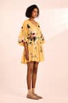 Kharakapas_Yellow Voile V-neck Floral Print Midspring Dress _Online_at_Aza_Fashions