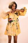 Buy_Kharakapas_Yellow Voile V-neck Floral Print Midspring Dress _Online_at_Aza_Fashions