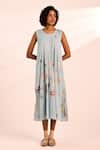 Buy_Kharakapas_Blue Voile Round Neck Pale Floral Digital Print Midi Dress _at_Aza_Fashions