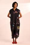 Buy_Kharakapas_Black Voile Collared Cap Sleeve Floral Midi Dress _at_Aza_Fashions