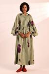 Buy_Kharakapas_Green Voile Collared Floral Print Maxi Dress _at_Aza_Fashions
