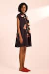 Kharakapas_Black Cotton, Voile Embroidery Collared Floral Print Short Dress _Online_at_Aza_Fashions