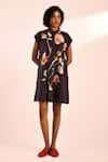 Buy_Kharakapas_Black Cotton, Voile Embroidery Collared Floral Print Short Dress _at_Aza_Fashions