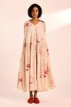 Buy_Kharakapas_Beige Voile V-neck Floral Print Maxi Dress _at_Aza_Fashions
