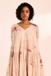 Kharakapas_Beige Voile V-neck Floral Print Maxi Dress _Online_at_Aza_Fashions