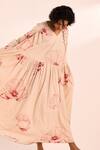 Shop_Kharakapas_Beige Voile V-neck Floral Print Maxi Dress _Online_at_Aza_Fashions