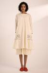 Buy_Kharakapas_Off White Cotton Embroidery Round Neck Peony Midi Dress With Lace Slip _at_Aza_Fashions