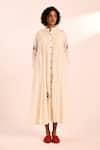 Kharakapas_Off White Cotton, Voile Embroidery Collared Maxi Dress _at_Aza_Fashions