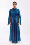 Notsosure_Blue Georgette, Satin Collared Cape Coord Pant Set _at_Aza_Fashions
