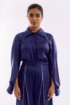 Notsosure_Blue Georgette, Satin Piping Collared Cape Coord Set With Slit Detail _at_Aza_Fashions