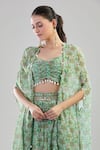 Basanti - Kapde Aur Koffee_Green Cotton Sweetheart Neck Tropical Tree Print Cape Sharara Set _at_Aza_Fashions