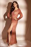 Ambrosia_Orange 100% Nylon Mesh Sequin Work V Neck Embroidered Slit Gown _Online