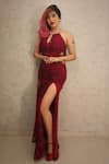 Buy_Ambrosia_Red 100% Nylon Mesh Checkered, Floral Keyhole Hand Embroidered Gown _at_Aza_Fashions