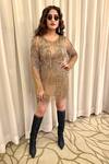 Buy_Ambrosia_Gold 100% Nylon Mesh Sequin Work, Beads Round Neck Fringe Embroidered Dress _at_Aza_Fashions