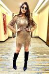 Buy_Ambrosia_Gold 100% Nylon Mesh Sequin Work, Beads Round Neck Fringe Embroidered Dress _Online_at_Aza_Fashions