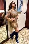 Shop_Ambrosia_Gold 100% Nylon Mesh Sequin Work, Beads Round Neck Fringe Embroidered Dress _Online_at_Aza_Fashions