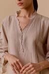 Shop_Bunka_Beige Cotton, Kota Doria Cut Work V-neck Floral Kurta Set 