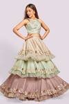 Buy_Blue Lotus Design_Mint Silk Embroidery Round Neck Layered Lehenga Set _at_Aza_Fashions