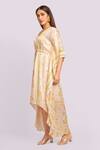 Blue Lotus Design_Ivory Modal, Satin V-neck Asymmetrical Printed Kaftan _Online_at_Aza_Fashions