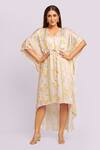 Buy_Blue Lotus Design_Ivory Modal, Satin V-neck Asymmetrical Printed Kaftan _at_Aza_Fashions