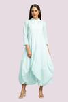 Buy_Blue Lotus Design_Blue Embroidery Mandarin Collar Drape Dress With _at_Aza_Fashions