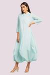 Blue Lotus Design_Blue Embroidery Mandarin Collar Drape Dress With _Online_at_Aza_Fashions
