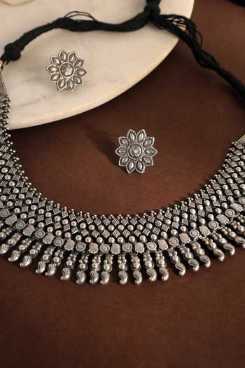 Shop_Mero Jewellery_Silver Plated Tribal Necklace And Earring Set _at_Aza_Fashions