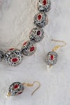 Shop_Mero Jewellery_Red Rhinestones Silver Ruby Victorian Necklace Set _at_Aza_Fashions