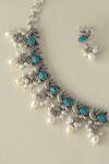 Mero Jewellery_Turquoise Pearls Silver Bird Necklace Set _Online_at_Aza_Fashions